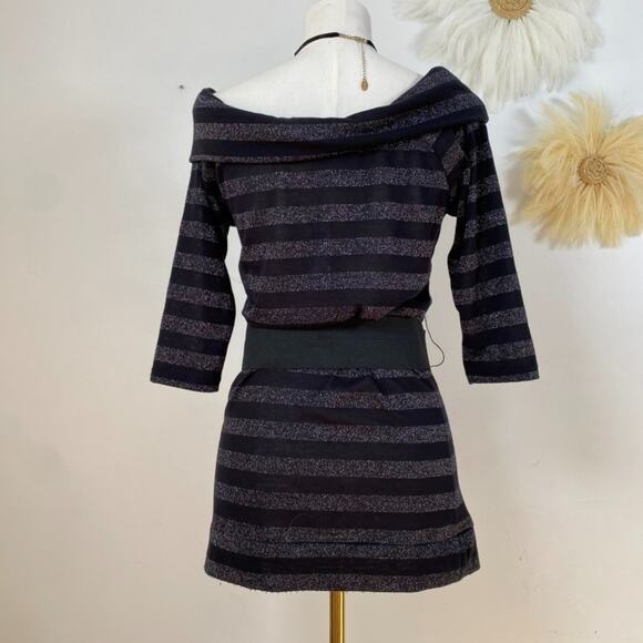 VTG Bongo Womens Y2K Striped Sweater Dress Size L Off Shoulder Belted Grunge - Picture 3 of 10